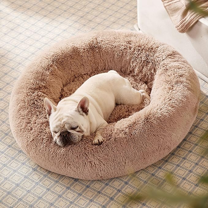 Bedsure Calming Dog Bed Medium Size Dog - Donut Washable Medium Pet Bed, 30 inches Anti-Slip Round Fluffy Plush Faux Fur Cat Bed, Fits up to 45 lbs Pets, Camel