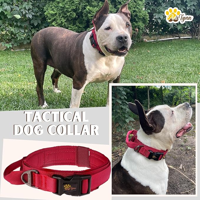 ADITYNA - Tactical Dog Collar for Large Dogs - Soft Padded, Heavy Duty, Adjustable Burgundy Dog Collar with Handle for Training and Walking