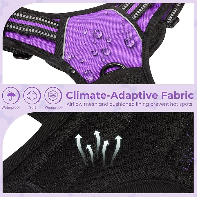 Funfox Dog Harness No Pull, Adjustable Pet Vest Harness Purple XL with Handle, 2 Leash Clips for Daily Walking Easy Control, Soft Durable Reflective Comfortable for X-Large Breed Dogs