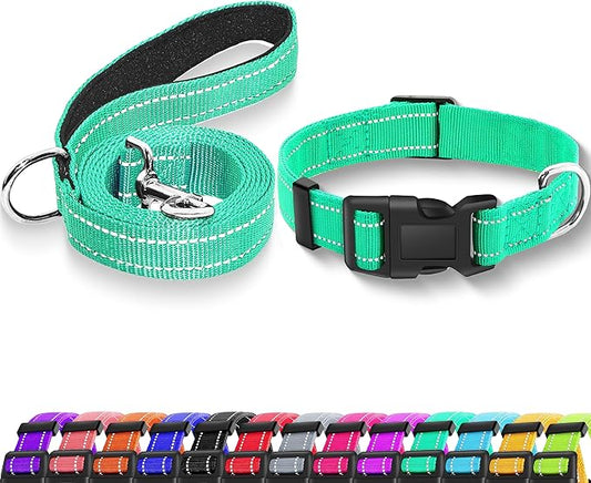 Reflective Dog Collar with Safety Locking Buckle, Adjustable Soft Breathable Nylon Collars for Small, Medium and Large Dogs(Collar+Leash XS Width 3/8" Turquoise)