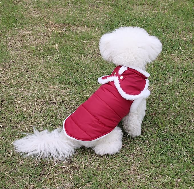 Shawl Design Fleece Lined Warm Dog Jacket for Puppy Winter Cold Weather,Soft Windproof Small Dog Coat,Red M