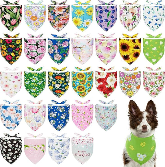 30 Pack Spring Dog Bandanas Bulk for Large Dogs 33 Inch XL Summer Flowers Dog Bandanas Adjustable Polyester Scarves Grooming L