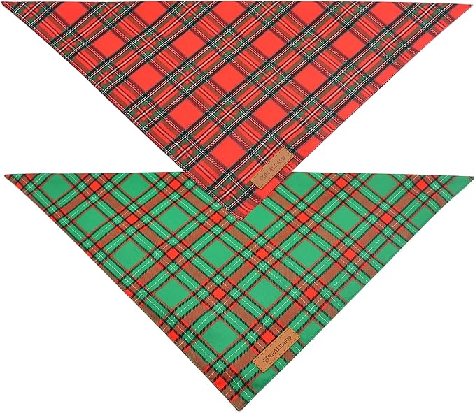 Realeaf Christmas Dog Bandanas 2 Pack, Reversible Red Green Plaid Dog Scarf, Xmas Pet Bandana for Boy and Girl, Premium Durable Fabric, Holiday Check Bandana for Small and Medium Dogs Pets (Small)