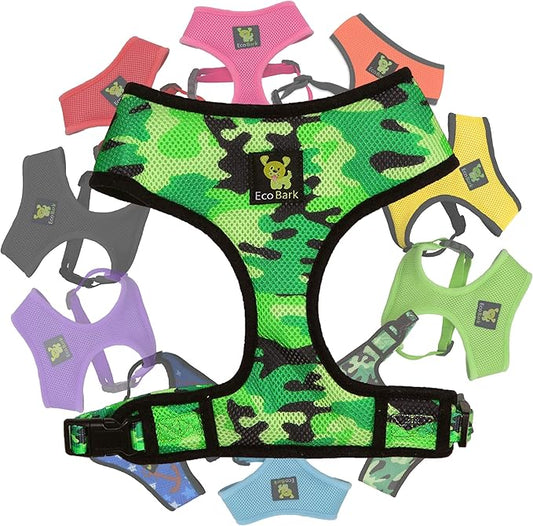 EcoBark Dog Harness - Eco-Friendly Max Comfort Harnesses - Luxurious Soft Mesh Halter - Over The Head Harness Vest- No Pull and No Choke for Puppy, Toy Breeds & Small Dogs (Medium, Camo)