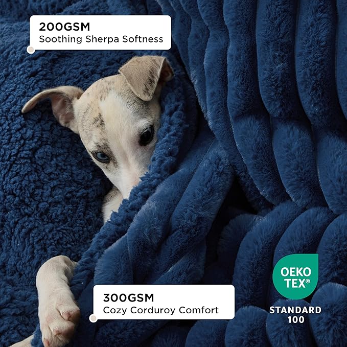 Bedsure Waterproof Dog Blankets for Medium Dogs - Soft Puppy Cat Blanket Corduroy Fleece Washable, Cozy Calming Reversible Furniture Protection for Pet Kitten Doggy,30"x40", Navy Blue