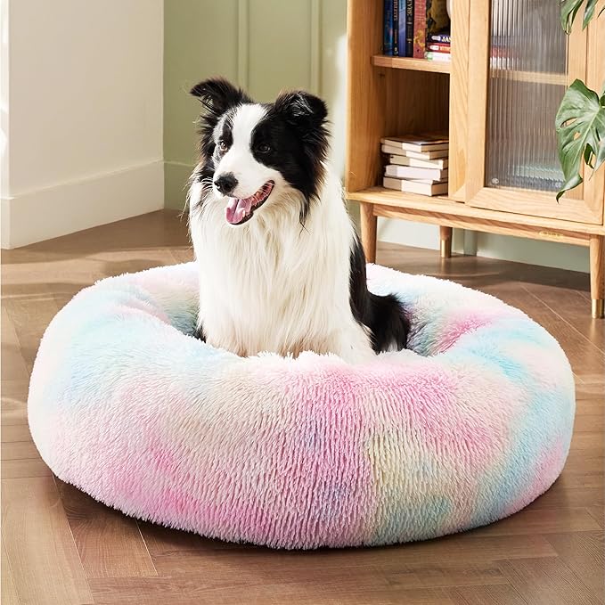 Bedsure Calming Dog Bed for Large Dogs - Donut Washable Large Pet Bed, Anti-Slip Round Fluffy Plush Faux Fur Dog Bed, Fits up to 100 lbs Pets, Multi-Colored, 36 inches