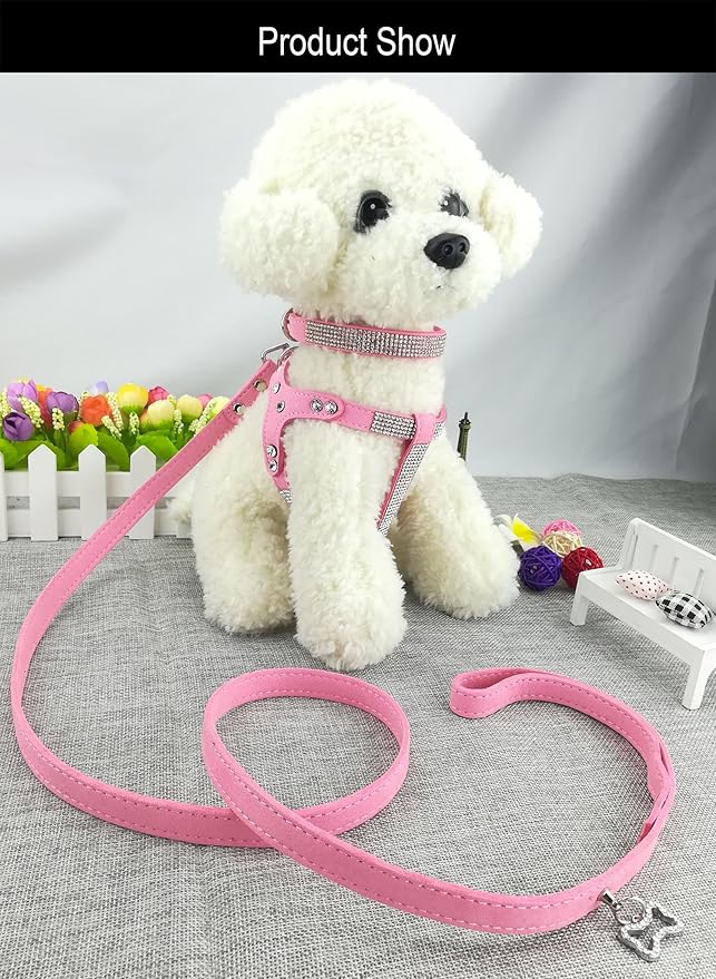 Dog Collar & Harness & Lead Sets Fashion Dog Collar Diamante with Harness & Leash Comfortable Soft Collar Harness and Leashes Set for Dog - Pink - M