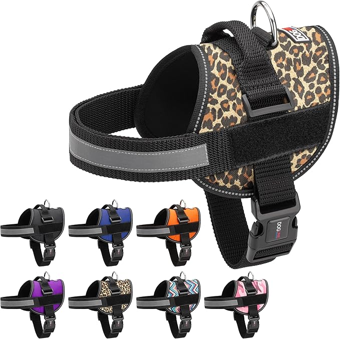 Dogline Dog Harness, Reflective No-Pull Adjustable Vest with Handle for Walking, Training, Breathable, No - Choke Harness for Small, Medium or Large Dogs Room for Patches Leopard Brown L 27"-34"