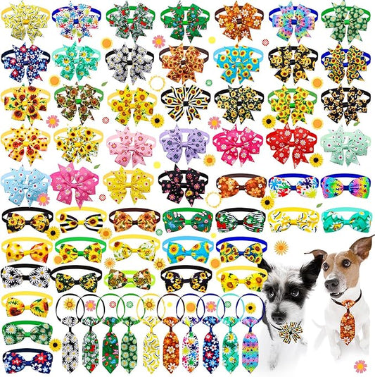 Floral Pet Bow Tie and Necktie Set Bulk 100pcs-Adjustable Dog Cat Costume Accessories for Weddings,Parties.Photo Shoots(Vibrant Flower Patterns)