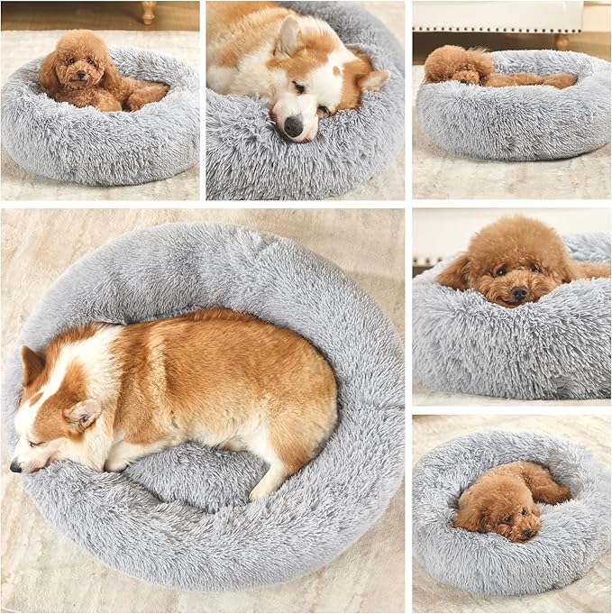 Dog Calming Beds for Small Medium Dogs - Round Donut Washable Dog Bed, Anti-Slip Faux Fur Fluffy Donut Cuddler Anxiety Cat Bed(Light Grey 16")