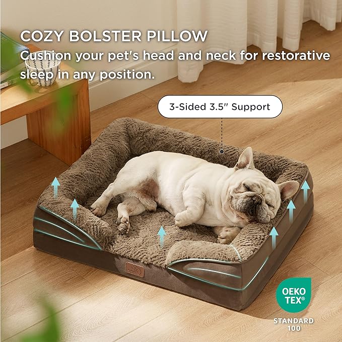 Bedsure Orthopedic Dog Bed for Medium Dogs - Calming Dog Sofa Beds Medium with Luxurious Plush Washable, Pet Couch Bed with Removable Washable Cover, Waterproof Lining and Nonskid Bottom, Brown