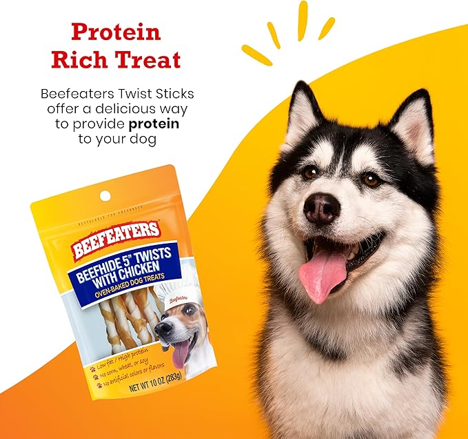 Beefeaters Beefhide 5in Twist with Real Chicken, 10oz – Protein-Rich Dog Treats for Clean Teeth, Ideal for Training & All Dog Sizes
