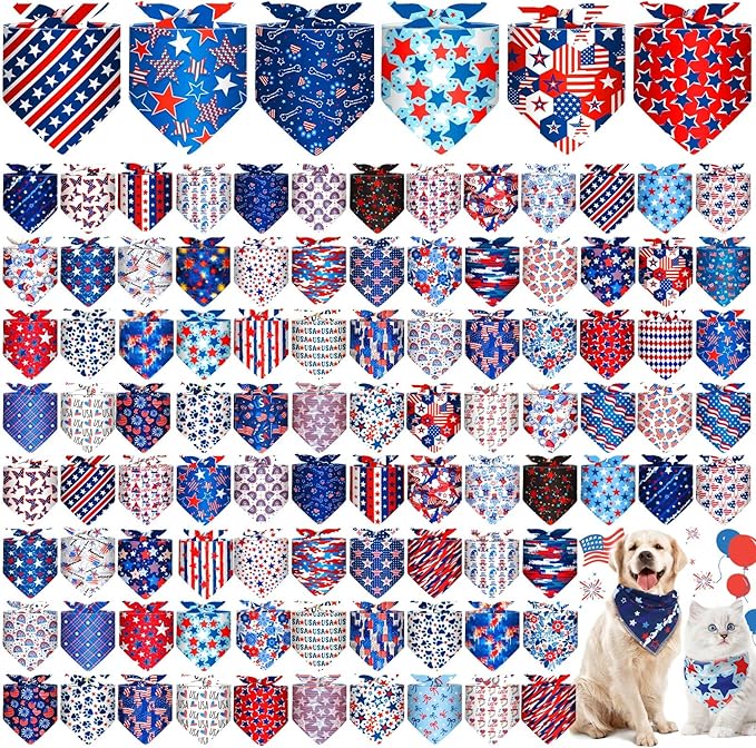 Paterr 100 Pieces Patriotic Dog Bandanas Bulk 4th of July Independence Day Pet Handkerchief Soft Dog Triangle Bibs Cute Kerchief Adjustable Washable Pet Scarf Accessory for Small Medium Puppy Cats
