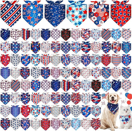 Paterr 100 Pieces Patriotic Dog Bandanas Bulk 4th of July Independence Day Pet Handkerchief Soft Dog Triangle Bibs Cute Kerchief Adjustable Washable Pet Scarf Accessory for Small Medium Puppy Cats