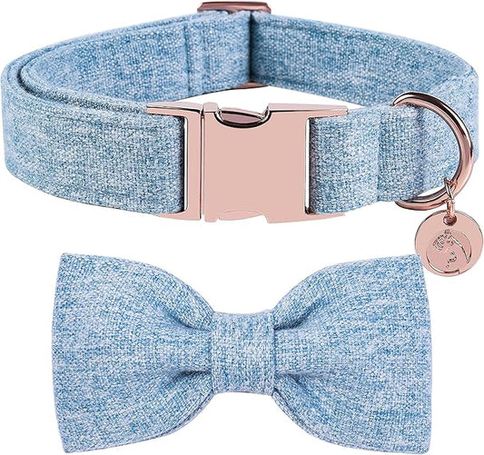 DOGWONG Hemp Cotton Dog Collar with Bow, Blue Pet Collar Durable Adjustable Puppy Collar for Large Dogs