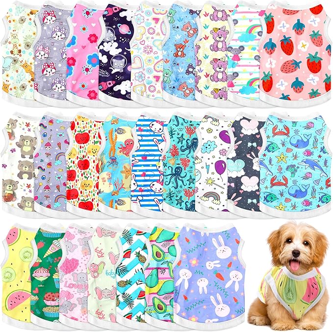 Paterr 25 Pcs Dog Shirts Printed Puppy Clothes Breathable Cartoon T Shirt for Dog Soft Puppy Clothing Lovely Pet Shirts Outfits for Pet Dogs Cats Summer Party Holiday, 25 Styles (Size: S)