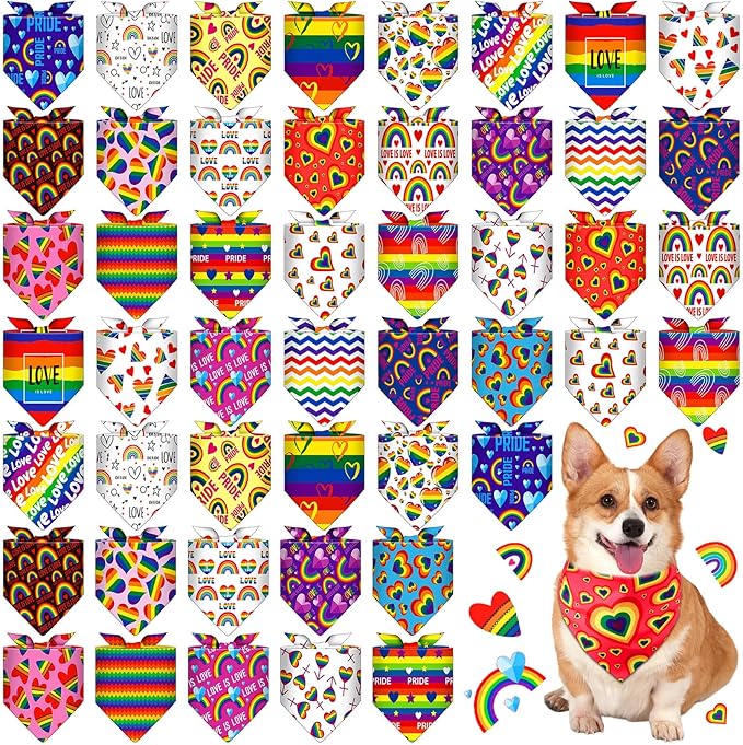 48 Pcs Pride Dog Bandanas LGBT Pet Scarves with Rainbow Color Rainbow Stripe Dog Cat Bandana for Boys and Girls Summer Holiday Triangle Scarf for Medium Pet Costume Accessories
