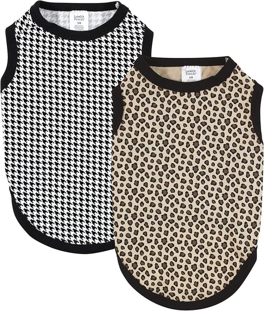 Luvable Friends Dog Pet Dog and Cats Cotton T-Shirts 2pk, Leopard Houndstooth, Small