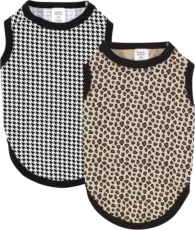 Luvable Friends Dog Pet Dog and Cats Cotton T-Shirts 2pk, Leopard Houndstooth, X-Large
