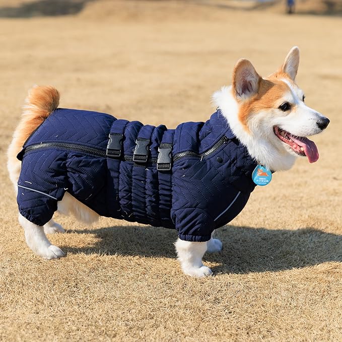 Lovelonglong Warm Dog Coat Double Layers Dog Vest, 4 Legs Covered Windproof Waterproof Reflective Warm Dog Vest Outdoor Skating Dog Costume for Corgis Dachshund Dog Navyblue D-S