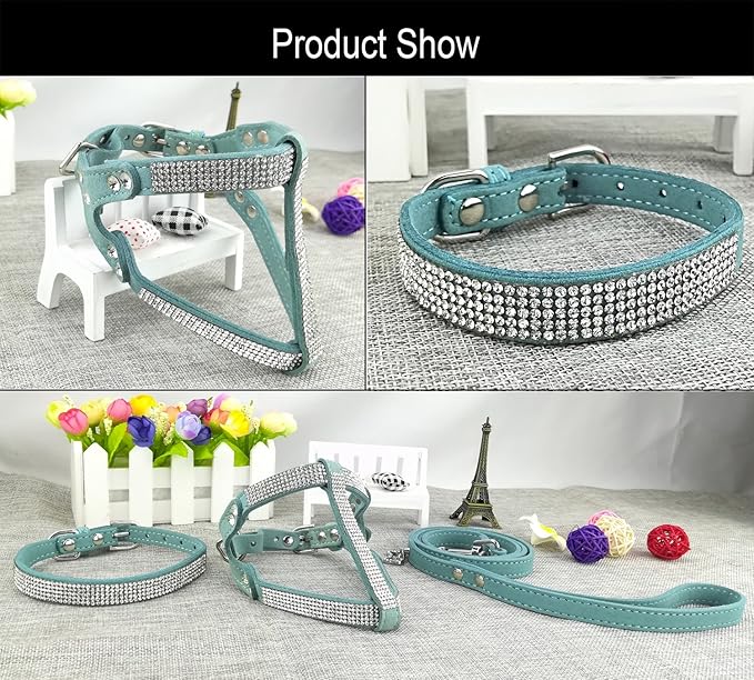 Dog Collar & Harness & Lead Sets Fashion Dog Collar Diamante with Harness & Leashes Comfortable Soft Collar Harness and Leashes Set for Dog - Blue - L