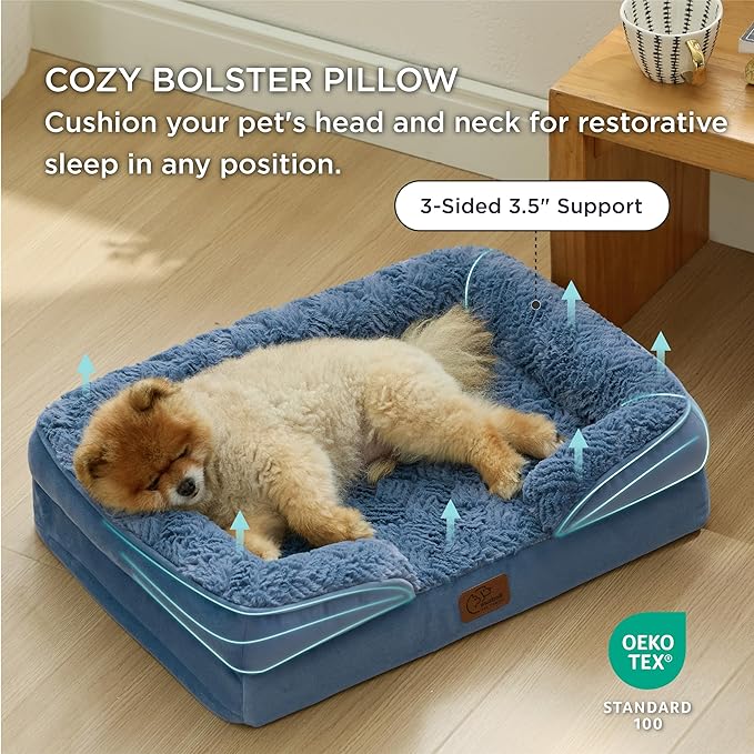 Bedsure Small Orthopedic Dog Bed - Calming Dog Sofa Beds for Small Dogs with Luxurious Plush, Pet Couch Bed with Removable Washable Cover, Waterproof Lining and Nonskid Bottom Couch, Blue