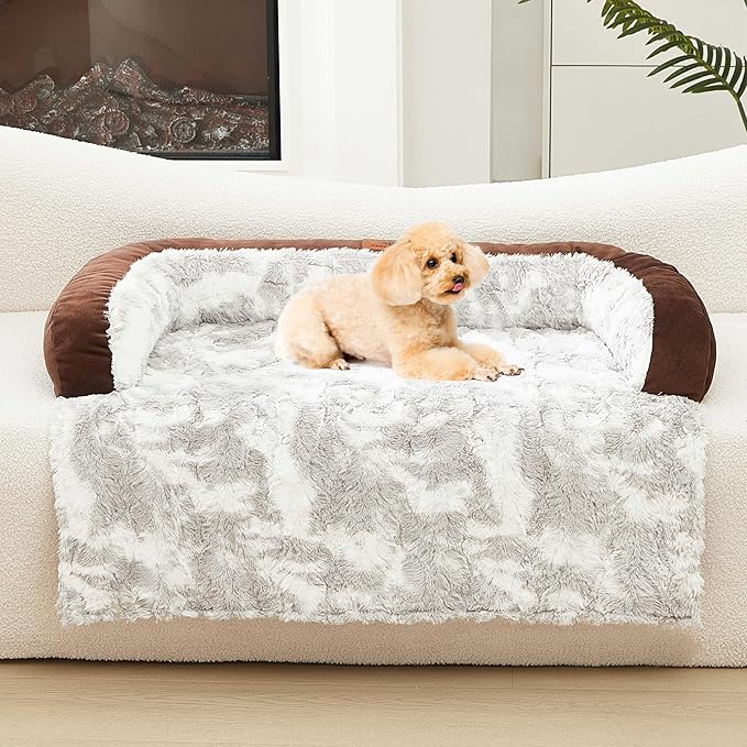 Calming Dog Couch Bed Mat, 31x28 Inch Waterproof Fluffy Sofa Cover, Furniture Protector with Handle, Removable and Washable Pet Bed for Small Dogs and Cats (Brown)