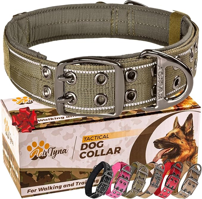 ADITYNA Heavy Duty Dog Collar for Large Dogs - Reflective Green Collar with Handle for Training, and Walking - Wide, Thick, Tactical, Soft Neoprene Padded