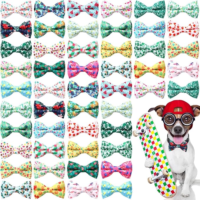 50 Pieces Summer Collar Dog Bow Ties Hawaiian Dog Collar Accessories for Dogs Bow Ties Attachment with Elastic Bands Dog Collar Detachable Charms for Dogs Collar Accessories Summer Hawaiian Costume