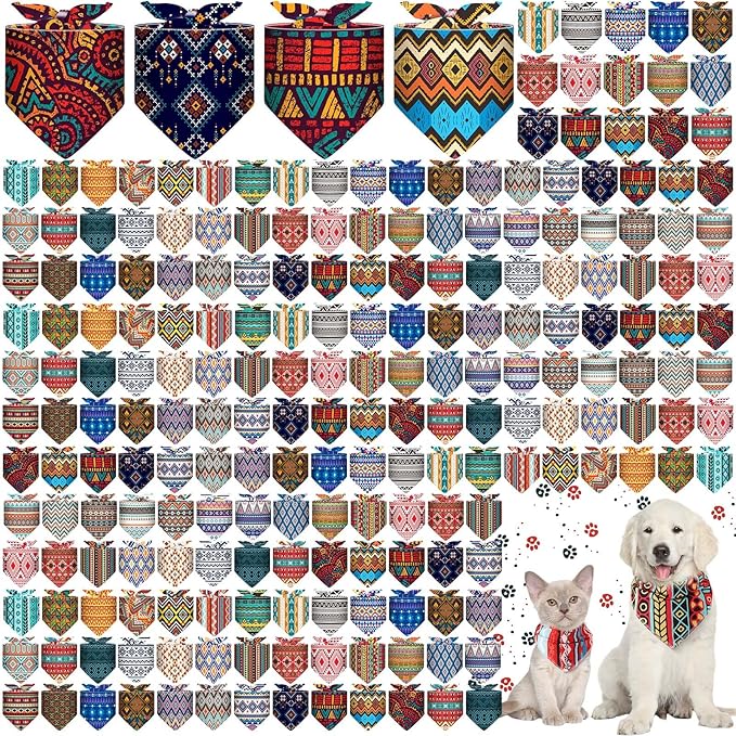 Amylove 120 Pcs Dog Bandanas Bulk Holiday Triangle Dog Pack Puppy Kerchief Bandana Adjustable Pet Scarf for Pet Cat Costume Accessories Decor Summer(Geometry)