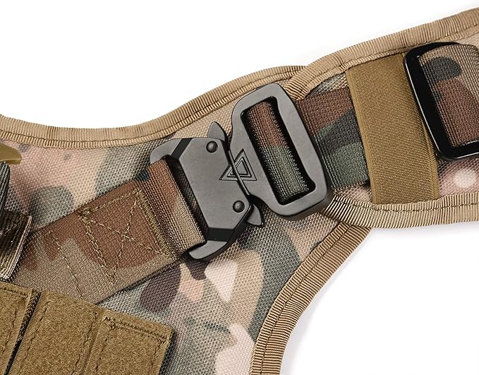 Tactical Dog Harness Vest with Handle Military Working Training Molle Vest with Metal Buckles & Loop Panels Free Bungee Dog Leash (S, Camouflage Harness with Leash)