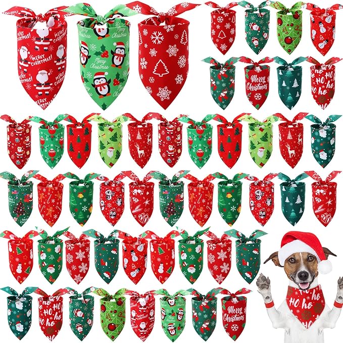 Preboun 50 Pcs Christmas Bandanas Bulk Xmas Dog Accessories Green and Red for Puppy to Large Dog Costume (25.6 x17.7 x 17.7 Inch)