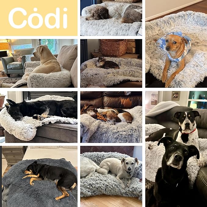 Codi Calming Dog Couch Mat – Fluffy Sofa Protector with Washable Cover, Anti-Anxiety Dogs Bed Pad for Large Pets, 45x37x6, Light Grey