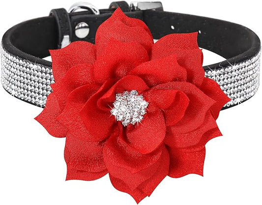PET ARTIST Bling Dog Collar with Flower, Soft Suede Leather Dog Collar Girl with Sparkling Rhinestone, Cute Red Pet Collars for Small Medium Female Dogs Walking Party Wedding,M
