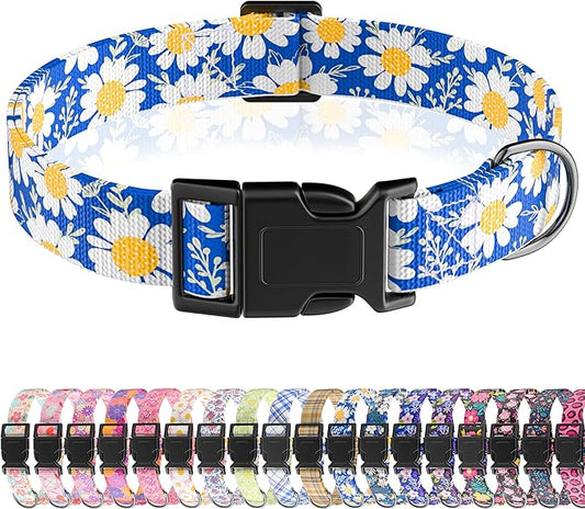 Dog Collar, Daisy Floral Puppy Collar for Boys Girls Small Medium Large Dogs, Adjustable Soft Pet Collar Fancy Floral with Quick Release Buckle for Males Females, Blue Daisy,L