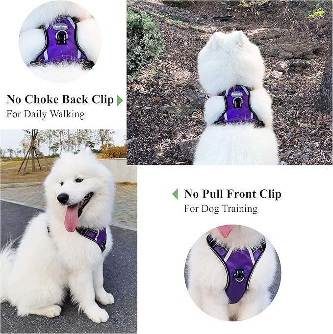 No Pull Dog Harness, Reflective Walking Dog Harness with Easy Control Handle and Front & Back Clips,Adjustable Breathable Soft Padded Dog Vest Harness for Large Medium Small Dogs,Purple,L