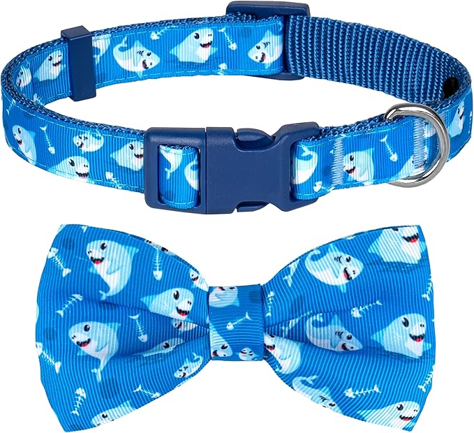 azuza Dog Collar with Bow Tie, Soft and Comfortable Adjustable Bowtie Dog Collar for Puppy and Small Dogs (XS, Shark)