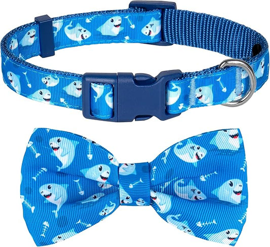 azuza Dog Collar with Bow Tie, Soft and Comfortable Adjustable Bowtie Dog Collar for Puppy and Small Dogs (XS, Shark)