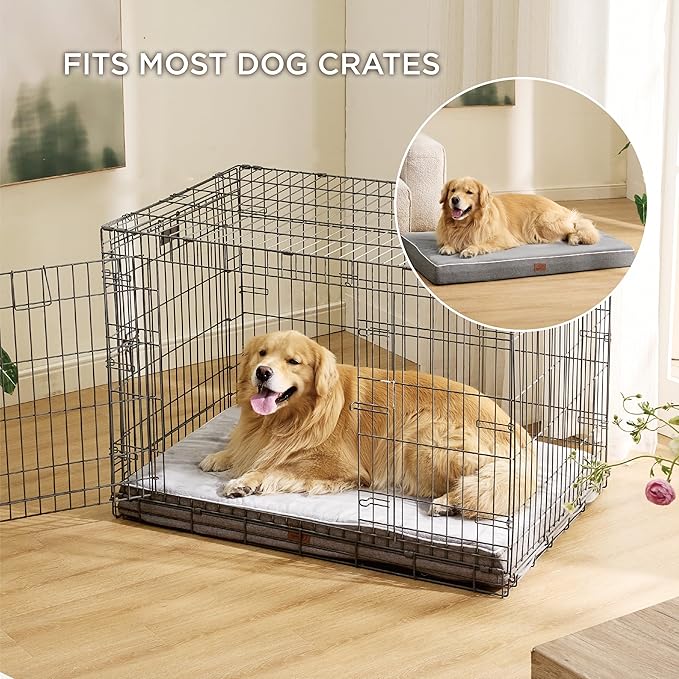Bedsure Memory Foam Dog Crate Bed for Extra Large Dogs, XL Orthopedic Waterproof Pet Beds with Removable Washable Water-Resistant Cover and Nonskid Bottom - Plush Flannel Fleece Pet Mat, Light Grey