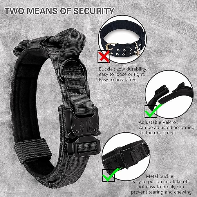 KCUCOP Tactical Dog Collar - Military Collar with Handle - K9 Thick Adjustable Heavy Duty Dog Collars for Large and Medium Dogs (Black, L)
