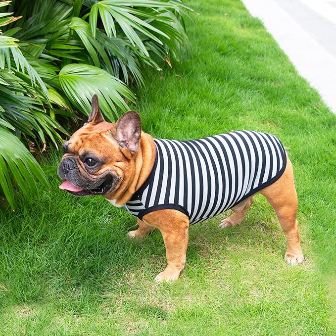 iChoue Pug 100% Breathable Cotton Striped T Shirts Halloween Vest Clothes for Medium Dogs Tank Tops Puppy French Bulldog Frenchie English Boston Terrier Pitbull Grey Black Stripes - Small