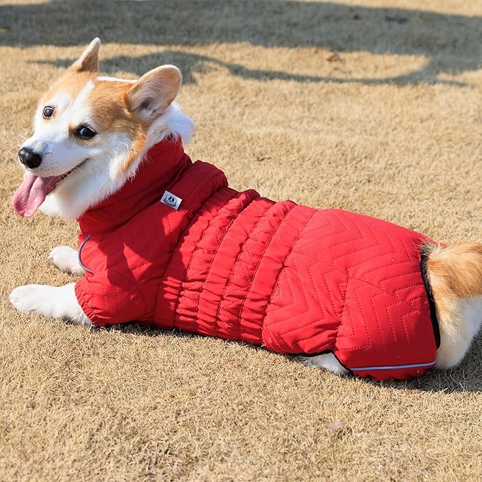 Lovelonglong Warm Dog Coat Double Layers Dog Vest, 4 Legs Covered Windproof Waterproof Reflective Warm Dog Vest Outdoor Skating Dog Costume for Corgis Dachshund Dog Red D-L