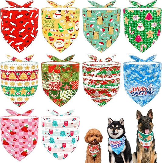 10pcs Christmas Dog Bandanas for Xs Small Breed Dog Kerchief Triangle Bibs Scarves Snowman Santa Claus Elk Christmas Tree Pattern Girl Boy Grooming Costume