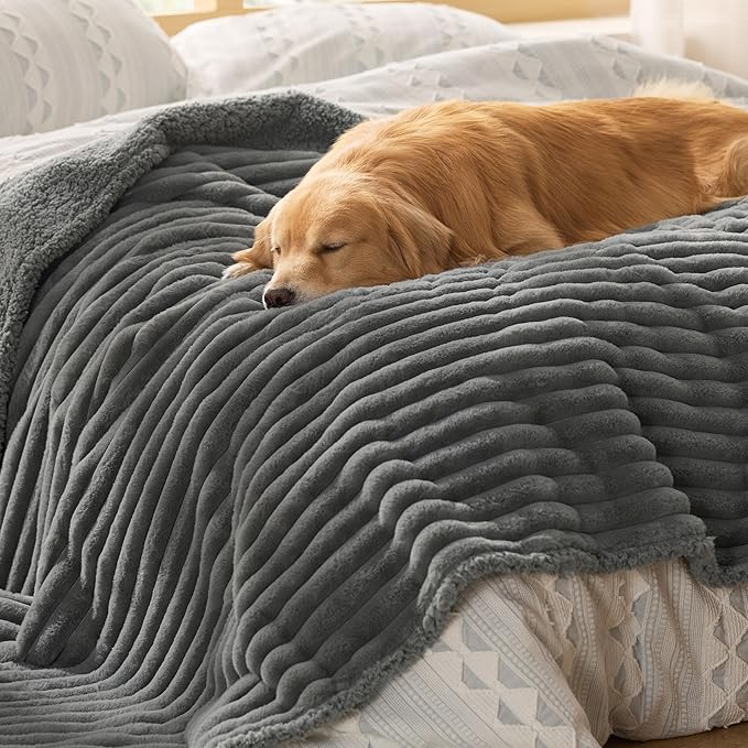Bedsure Waterproof Dog Blankets for Large Dogs - Soft Pet Cat Blanket Corduroy Fleece for Bed Protector Washable, Cozy Calming Reversible Furniture Protection for Puppy,60"x80", Warm Grey