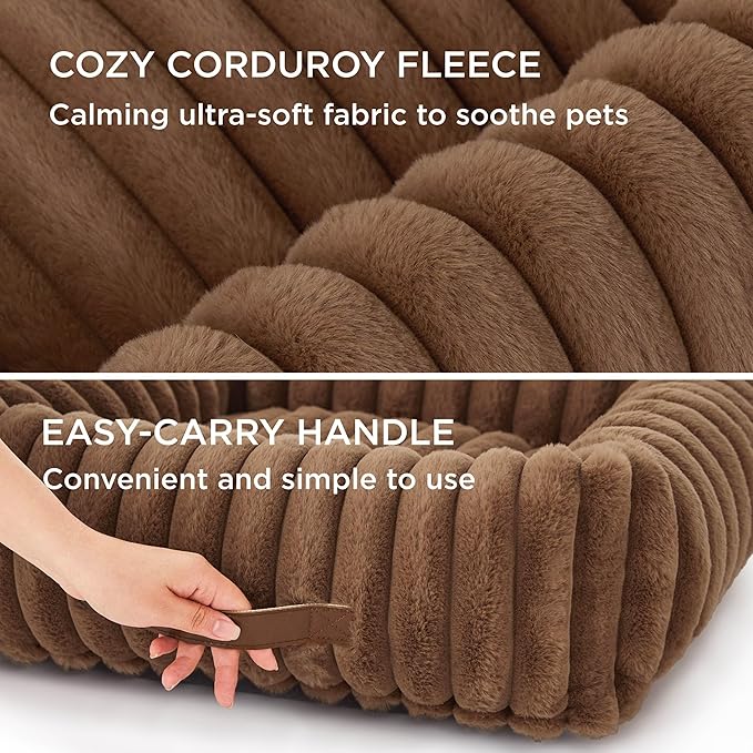 Bedsure Cute Dog Bed for Small Medium Dogs - Washable Furry Puppy Beds, Rectangle Orthopedic Corduroy Fleece Pet Beds with Removable Zipper Cover, 25x21x7inches, Copper Brown