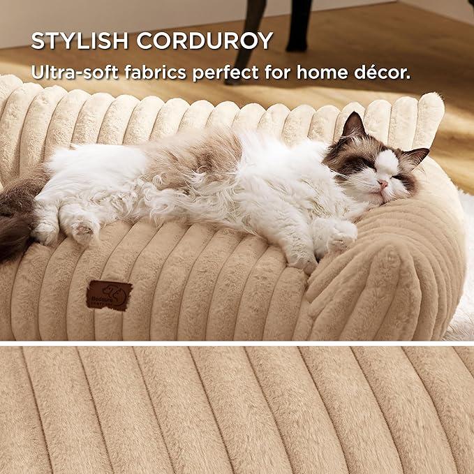 Bedsure Cute Pet Couch - Fluffy Dog Sofa with Premium Soft Corduroy Fleece, Dog Couch Bed with Washable Cover, Supportive for Medium Large Dogs, 36" L, Tuscan Beige