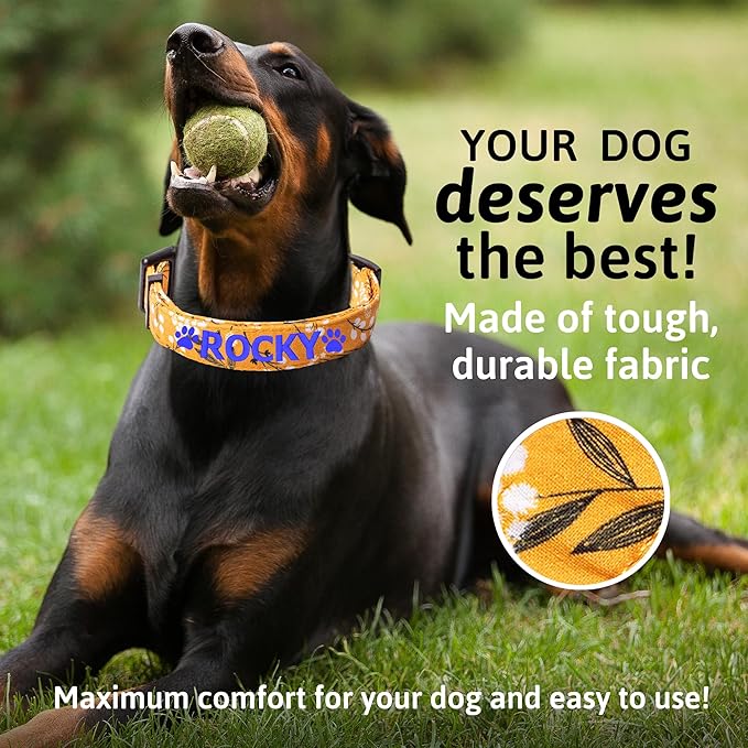 Personalized Dog Collars, Pet Collar with Name and Phone Number, Customized Adjustable Quick Release Buckle for Small, Medium, and Large Dogs. Embroidered Soft Pet Name Tag - Yellow Spring