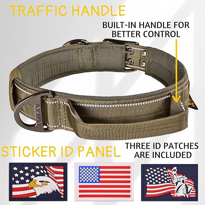 ADITYNA Heavy Duty Dog Collar for Large Dogs - Reflective Green Collar with Handle for Training, and Walking - Wide, Thick, Tactical, Soft Neoprene Padded