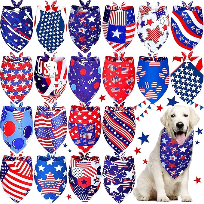 Eccliy 20 Pcs 4th of July Dog Bandanas for Pets Memorial Day Dog Bandanas Gifts Independence Day Pet Scarf Washable Triangle Bibs American Flag Patriotic Adjustable Pet Kerchief for Cat