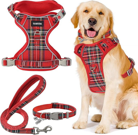 GAMUDA Dog Harness Collar and Leash Set, Dog Harness, No Chock No Pull Adjustable Vest Harnesses Plaid Reflective for Medium Dog, Cat, Small Horse, Small Bull and Pig (Red, M)